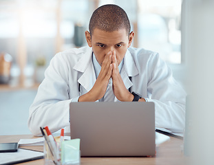 Image showing Hospital, laptop and stress with burnout, internet issue and mistake with glitch, headache and frustrated. Male person, medical professional or employee with a pc, migraine and 404 error with fatigue