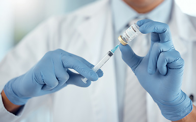 Image showing Healthcare, vaccine and closeup of a doctor with a needle with covid, sick or allergy treatment. Professional, injection vial and hands of male medical worker with a vaccination syringe in a hospital