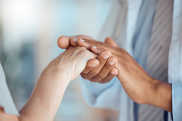 Image showing Support, care and hands holding for healthcare trust by doctor with patient for love, help and hope in a hospital. Cancer, medical and closeup of professional with comfort for person in a clinic