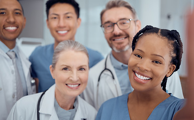 Image showing Doctors, diversity and selfie with healthcare, smile and memory with teamwork, social media and collaboration. Portrait, staff or profile picture with happiness, medical professionals and happy group