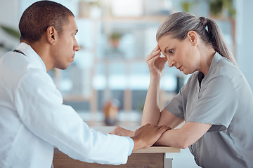 Image showing Sad, healthcare and a doctor with support for a woman, medical results or feedback in an office. Mental health, hospital and a senior patient speaking to a man at a clinic with depression or mistake