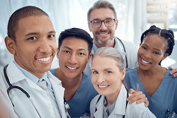 Image showing Doctors, diversity and selfie with healthcare, happy and memory with teamwork, social media and career. Portrait, staff or profile picture with happiness, medical professionals or fun in a hospital