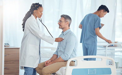 Image showing Doctor, stethoscope or man with test, exam or patient healthcare assessment, medical checkup or cardiologist support. Surgeon, cardiology and clinic help, wellness and check heart, lungs or breathing