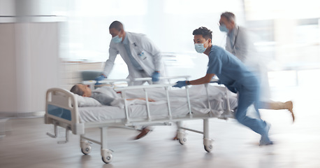 Image showing Doctors, team and rush with bed in hospital for healthcare emergency, surgery operation and first aid help. Medical group running fast with motion blur for patient urgent service assessment in clinic