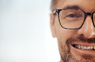 Image showing Portrait, mockup and a man in glasses for vision, smile and optometrist with prescription frame lenses. Eye, space and a male optometry customer at the optician, healthcare appointment and eyewear