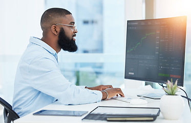 Image showing Trading, computer and business with black man in office for stock market, finance and growth. Investment, cryptocurrency and data with male employee for digital, technology and profit analysis