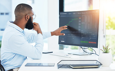 Image showing Stock market, computer and business with black man in office for trading, finance and growth. Investment, cryptocurrency and data with male employee for digital, technology and profit analysis