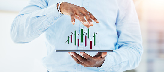 Image showing Trading, hologram and tablet with hands of man in office for stock market, finance and growth. Investment, cryptocurrency and data with closeup of employee for digital, technology and profit