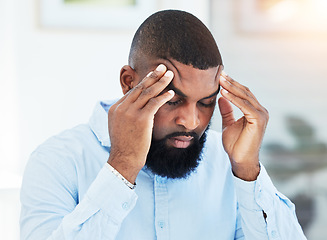 Image showing Stress, anxiety or tired businessman with headache overwhelmed by problems, mistake or failure. Stock market crash, burnout or frustrated black man trader overworked in office with fatigue or failure