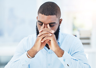 Image showing Stress, fail or tired businessman with headache overwhelmed by problems, mistake or stock market crash. Burnout, loss or frustrated black man trader overworked in office with fatigue or debt crisis