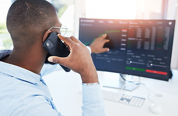 Image showing Trading, computer and phone call with black man in office for stock market, finance and growth. Investment, cryptocurrency and data with male employee for digital, technology and profit analysis