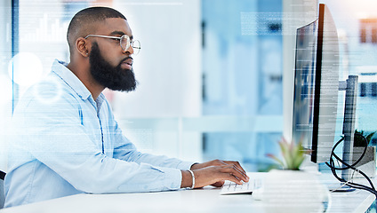 Image showing Black man, finance or trader typing on computer for stock market or cryptocurrency website for payment. Overlay, password or financial investor trading online for savings investment growth in office