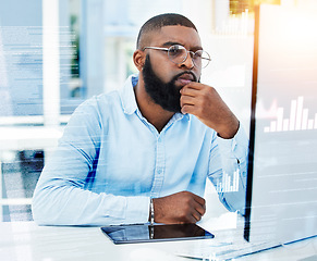 Image showing Overlay, thinking or black man trading on computer for investment stocks or future profit growth. Data analysis, crypto website fintech or trader reading news, analytics or financial info online