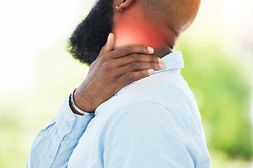 Image showing Neck pain injury, hand or businessman with emergency crisis or hurt employee with injury agony. Burnout, closeup or frustrated worker injured or stressed by muscle strain with fatigue or failure