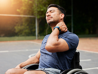 Image showing Neck pain, fitness and basketball court with man and wheelchair user for sports injury, inflammation and tired. Games, health and challenge with person with a disability for accident and emergency