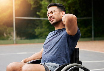 Image showing Neck pain, tired and basketball court with man and wheelchair user for sports injury, inflammation and fitness. Games, health and challenge with person with a disability for accident and emergency