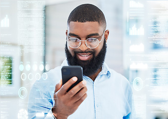 Image showing Business, hologram and black man with a smartphone, investment and stock market with notification. Holographic, person and investor with a cellphone, coding and software update with email and trading