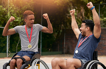 Image showing Basketball, success and wheelchair user with men and celebration for winner, trophy or sports. Training, champion and goal with people with a disability for competition, fitness and teamwork