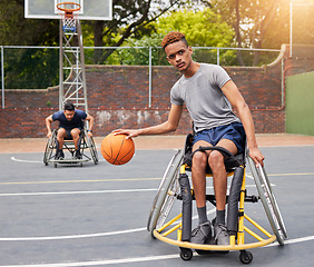 Image showing Sports, wheelchair basketball court and man focus on playing match competition, challenge or fitness practice. Player attack, cardio workout and athlete with disability, training and exercise