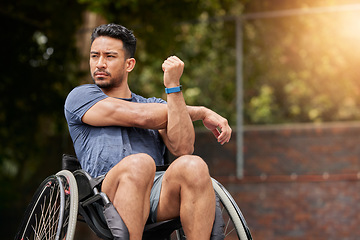 Image showing Basketball, stretching and wheelchair user with man on court for training, challenge and competition. Fitness, health and sports warm up with person with a disability for workout, game and start