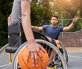 Image showing Sports competition, wheelchair basketball court and people playing competitive match, defend or practice attack. Athlete player, commitment and active men with disability, training and exercise