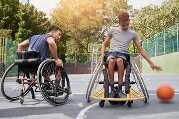 Image showing Sports competition, wheelchair basketball player and people playing competitive match, game or action challenge. Athlete player, dynamic mobility and active men with disability, training and exercise