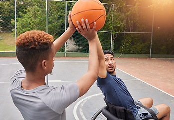 Image showing Sports player, wheelchair basketball or people shooting, defence and practice target, goal and aim ball. Outdoor training, athlete competition or player workout, court fitness and men with disability