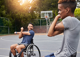 Image showing Stretching, wheelchair user and man on basketball court for training, challenge and competition. Fitness, health and teamwork with person with a disability warm up for sports workout, game and start