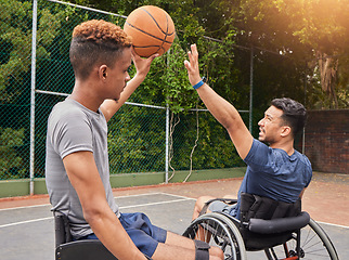 Image showing Wheelchair, basketball and men friends with ball at court outdoor for fitness, sports and performance match. Exercise, mobility and man with disability and personal trainer for recovery motivation