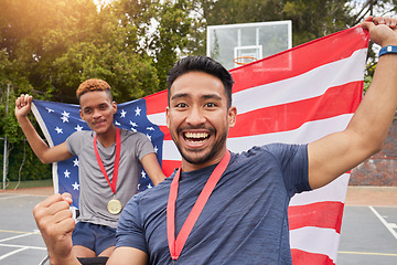 Image showing Basketball, champion and usa flag with men and wheelchair user for success, trophy or sports. Training, winner and achievement with portrait of people with a disability for competition and teamwork