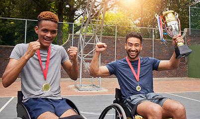 Image showing Basketball, trophy and team with men and wheelchair user for success, winner or sports. Training, champion and achievement with portrait of people with a disability for competition, game and teamwork