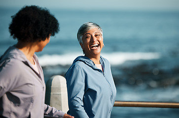 Image showing Fitness, happy and senior women by ocean for healthy body, wellness and cardio wellbeing on promenade. Sports, friends and female people walking on boardwalk for exercise, training and workout