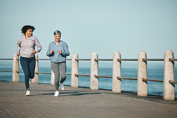 Image showing Mockup, running and women by beach for fitness together as morning exercise for wellness and outdoor bonding. Health, endurance and people training for marathon in Cape Town for sports workout