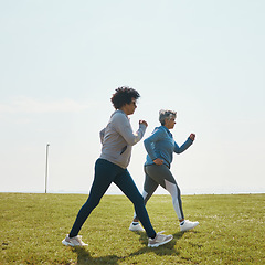 Image showing Women speed walking, fitness and cardio outdoor with training and energy with mockup space. Female people, team in park with exercise and race with sports and athlete, health and wellness in nature