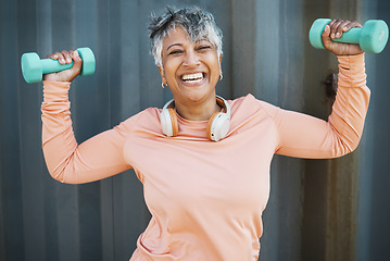 Image showing Fitness, health and portrait with old woman and dumbbell for strong, workout and sports, Weightlifting, muscle and training with senior person and weights for gym workout, exercise or wellness mockup