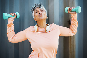 Image showing Fitness, kiss and portrait with old woman and weights for strong, workout and sports, Weightlifting, muscle and training with senior person and dumbbell for gym workout, exercise and wellness mockup