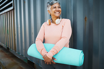 Image showing Senior woman, yoga mat and exercise with smile outdoor, healthy and active life with happiness. Fitness, wellness and female person with workout equipment, thinking and training with retirement