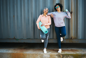 Image showing Senior women, exercise and portrait, cool and urban with workout equipment, friends and training together. Active female people, fitness fashion and yoga mat with dumbbell, sportswear and vitality