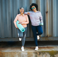 Image showing Senior, women and yoga with fitness, portrait of friends and health with wellness, happiness and cool outdoor. Happy female people with exercise, pilates and workout equipment with vitality and smile