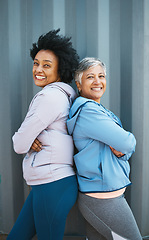Image showing Happy, fitness and portrait of senior women bonding and posing after a workout or exercise together. Happiness, smile and elderly female friends or athletes in sportswear after training by a wall.