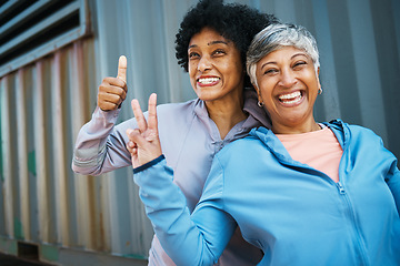 Image showing Sports, thumbs up and portrait of senior women bonding and posing after a workout or exercise together. Happy, smile and elderly female friends or athletes with agreement hand gesture after training.