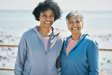 Image showing Senior women outdoor, portrait and fitness, smile with retirement and friends with health and wellness. Exercise, training and workout together with female people, friendship and vitality in nature