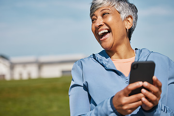 Image showing Funny, social media and fitness with old woman and phone for running, workout and mockup. Network, communication and contact with female runner laughing in nature for technology, sports or mobile app