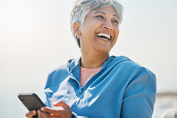 Image showing Happy, funny and fitness with old woman and phone for running, workout and social media. Network, communication and contact with female runner laughing in nature for technology, sports and mobile app