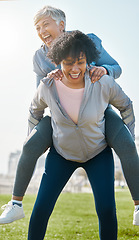 Image showing City, funny and senior friends piggy back together or women playing, crazy and laughing after outdoor exercise. Health, wellness and goofy elderly people bonding with humor or comedy after workout