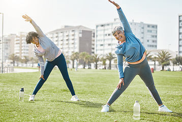 Image showing Women, senior and stretching outdoor, exercise and wellness with flexibility and start workout in park. Female people, friends with pilates or running in nature, training and fitness with vitality