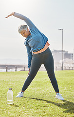 Image showing Senior woman, stretching and exercise in park with health, wellness and training in nature. Pilates, body and female person outdoor, fitness and warm up with workout routine, vitality and active