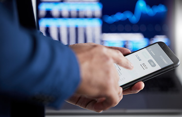 Image showing Hands, phone data and stock market trader search dashboard, fintech app and cryptocurrency software. Closeup of business man, mobile finance and trading, banking investment and accounting of stocks