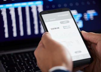 Image showing Hands, phone and man trading on stock market, fintech app or cryptocurrency savings. Closeup of financial trader, broker and screen of tech for data statistics, banking investment or stocks dashboard