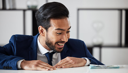 Image showing Businessman with cash investment, smile and dollars in trade office with bank profit, bonus and financial growth. Money, bills and happy man, stock market trading or loan payment with budget increase